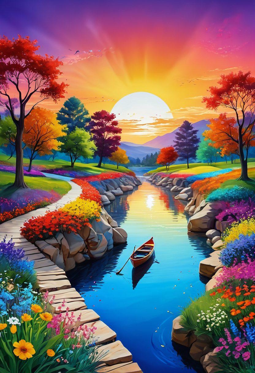 A serene landscape depicting a gradual transition from a calm, peaceful state of contentment to an exhilarating burst of joy, symbolized by vibrant colors and abstract shapes. Include elements like a tranquil river leading to a colorful explosion of flowers and sunshine, intertwined with whimsical pathways representing unusual strategies. Illustrate figures of diverse people joyfully engaging with nature, laughing and connecting. surrealistic. vibrant colors. 3D.