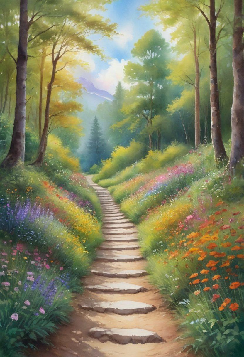A serene landscape featuring a winding path through a lush forest filled with vibrant flowers and gentle streams. Soft sunlight filtering through the trees casts a warm glow on the ground, where footprints symbolize the journey of self-discovery. In the background, a peaceful sky with fluffy clouds embodies tranquility and mindfulness. People of diverse backgrounds walking along the path, symbolizing unity and exploration of happiness. watercolor painting. vibrant colors.