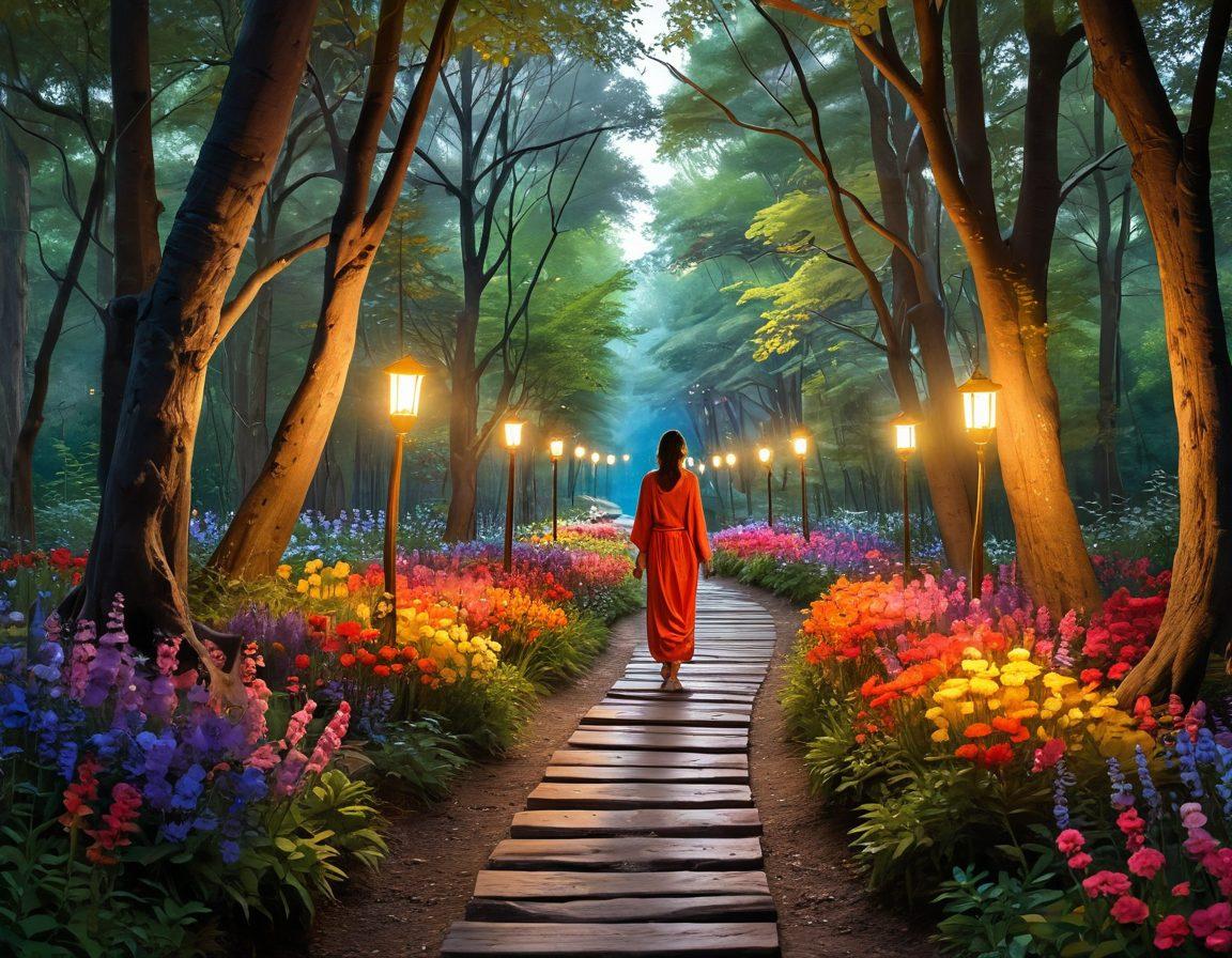 A serene pathway winding through a vibrant forest filled with colorful flowers and glowing lanterns, symbolizing unique journeys toward joy. Soft sunlight filters through the trees, casting gentle shadows on the path. In the foreground, a figure pauses to breathe in the beauty, radiating happiness and contentment. Evoke a sense of tranquility and exploration. super-realistic. vibrant colors. 3D.